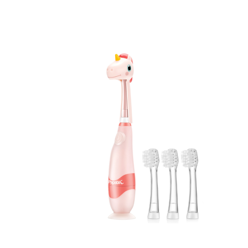 Papablic Pink + Purple Unicorn Toddler Sonic Electric Toothbrush Set for Ages 1-3 Years (8 Heads)