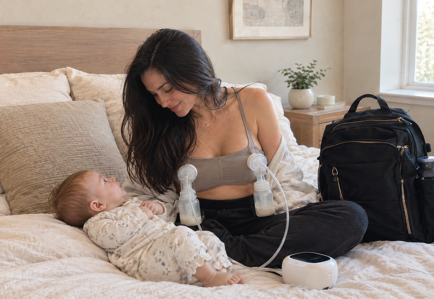 A pumping mom at home using a breast pump while holding her baby.