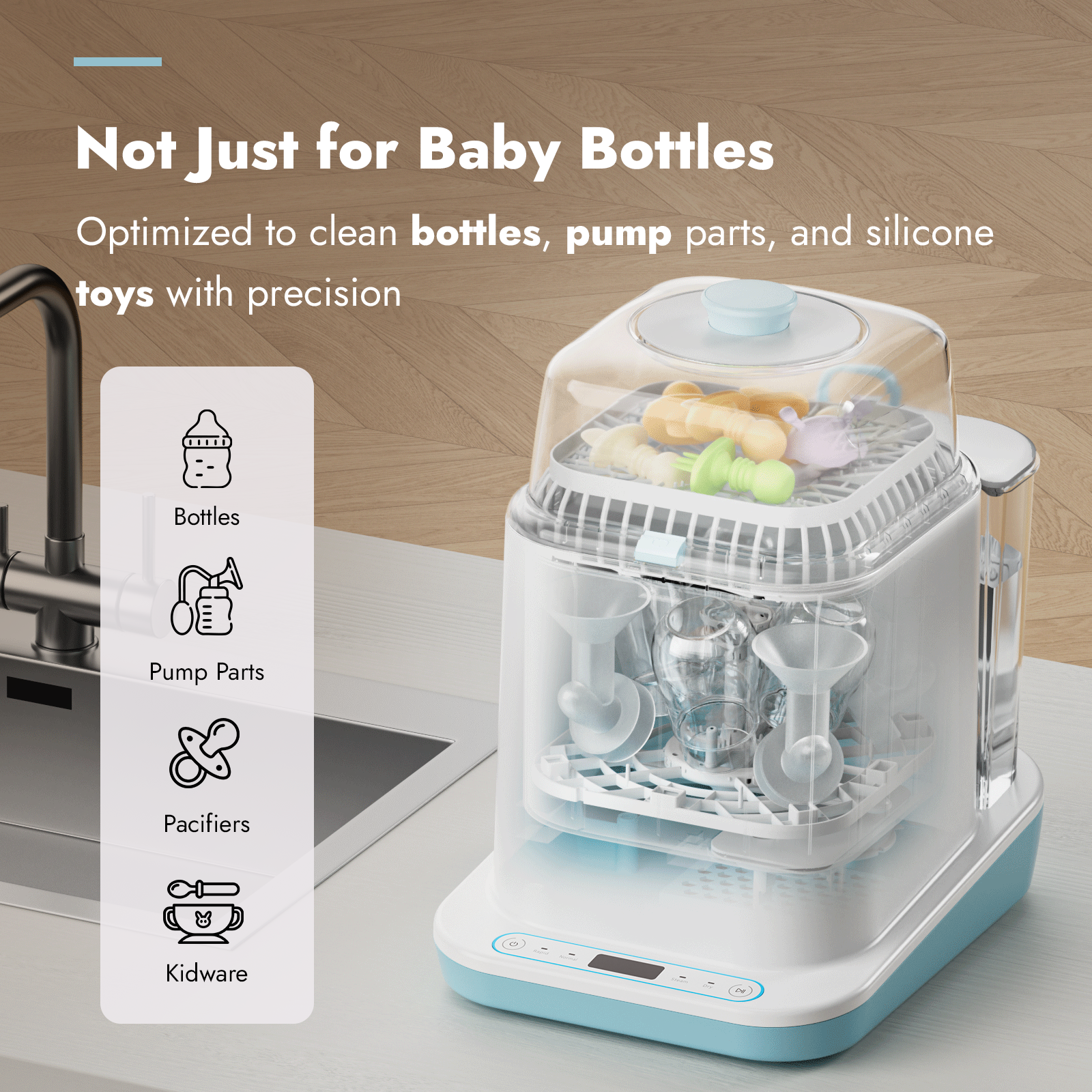 Bottle washer for bottles and pump parts Papablic cleans bottles and pump parts