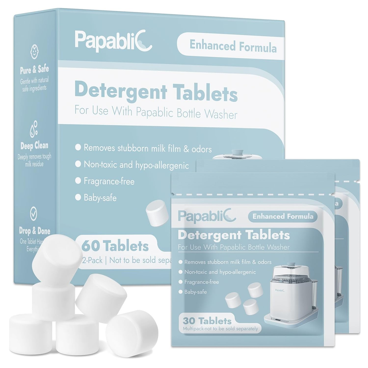 Papablic Official Detergent Deepclean Tablet for Papablic Baby Bottle Washer, 60Count