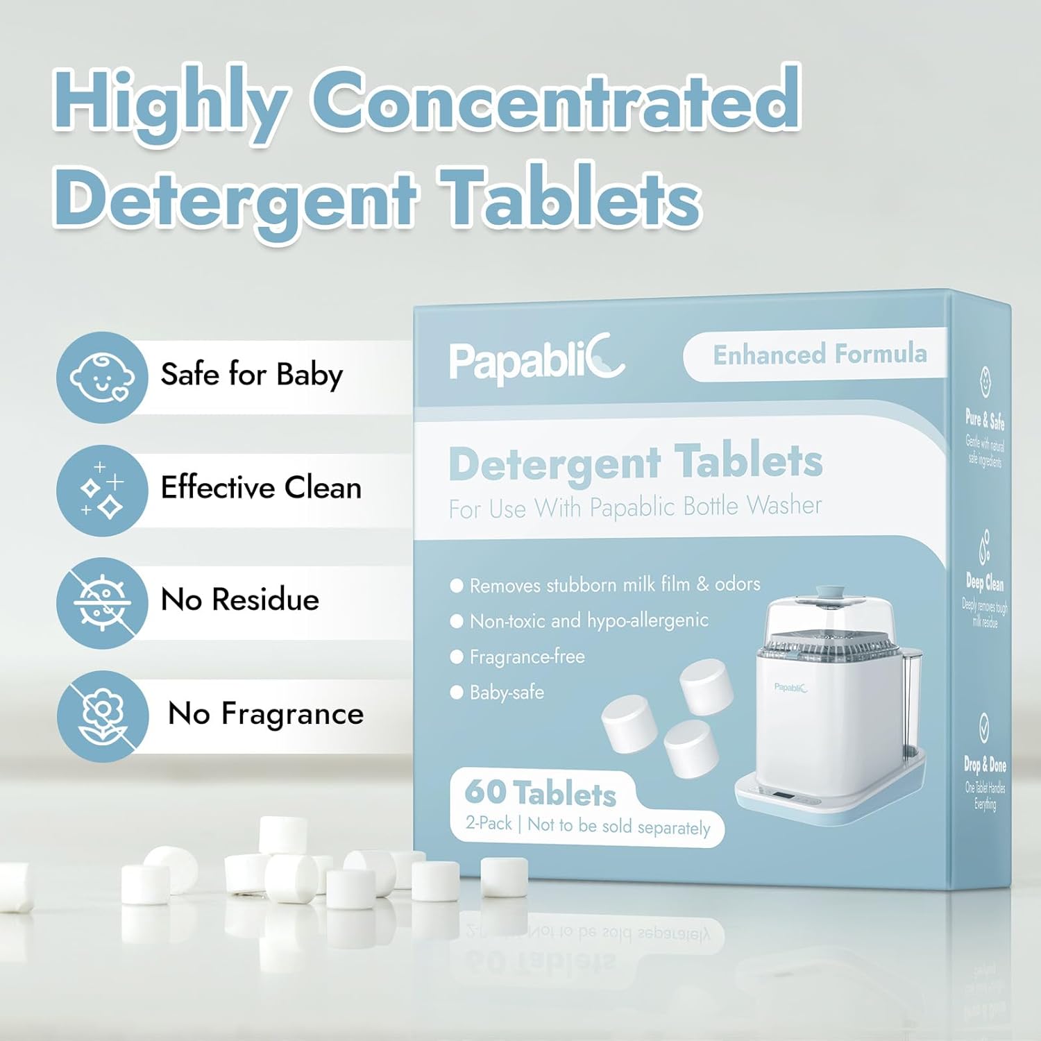 Papablic Official Detergent Deepclean Tablet for Papablic Baby Bottle Washer, 60Count